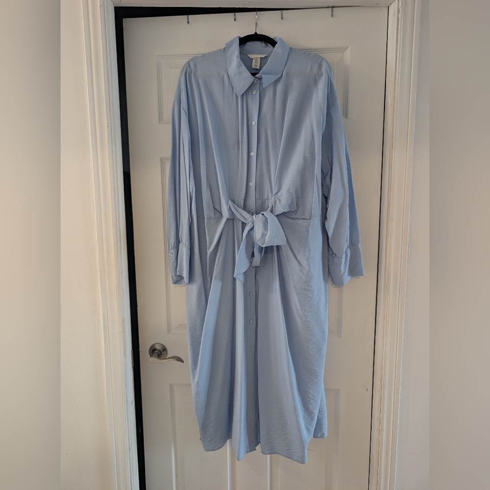Light Blue Women's Shirt Dress With Tie At The Front